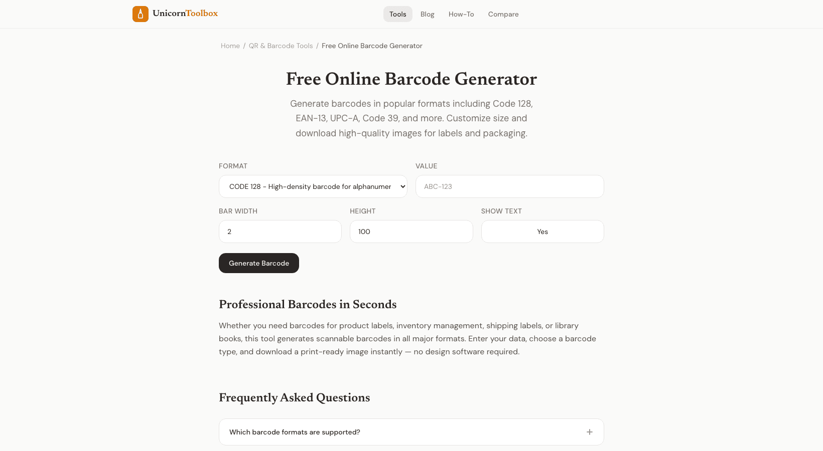 Free Barcode Generator: Code 128, EAN-13, UPC-A