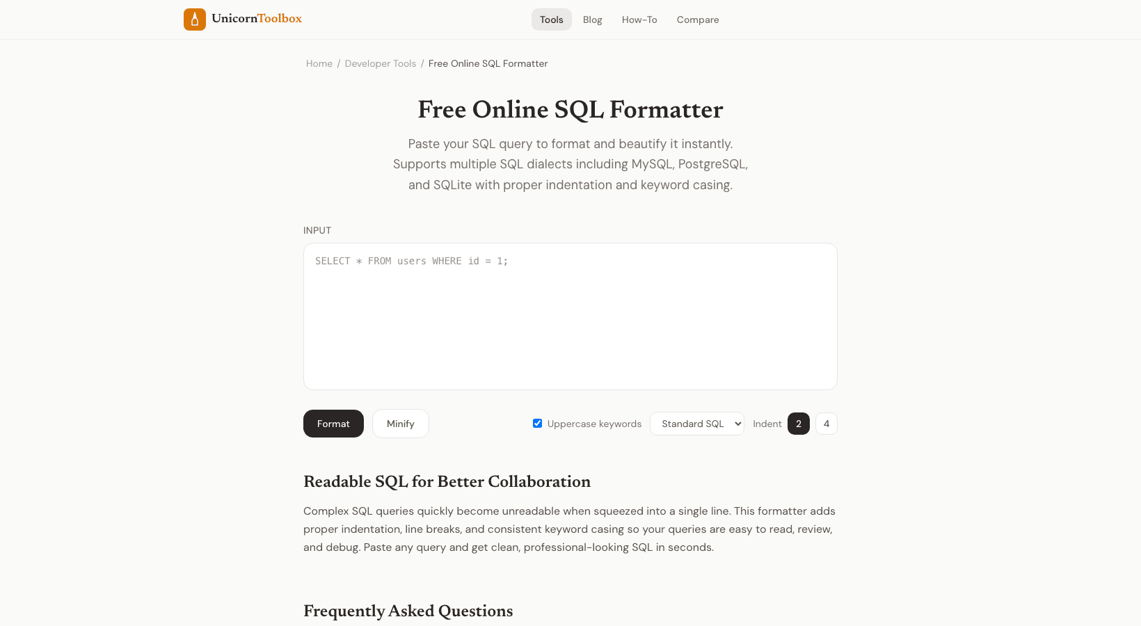 SQL Formatter: Beautify and Format SQL Queries Online